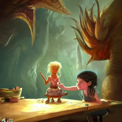 Image similar to an illustration shows a table with a little girl next to a troll holding onto the, concept art by slawomir maniak, trending on artstation, fantasy art, fantasy art