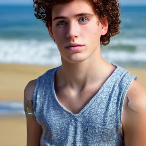 Image similar to portrait of a beautiful teenage boy around 2 0 yo. natural hair, pale skin. beach background. detailed face.