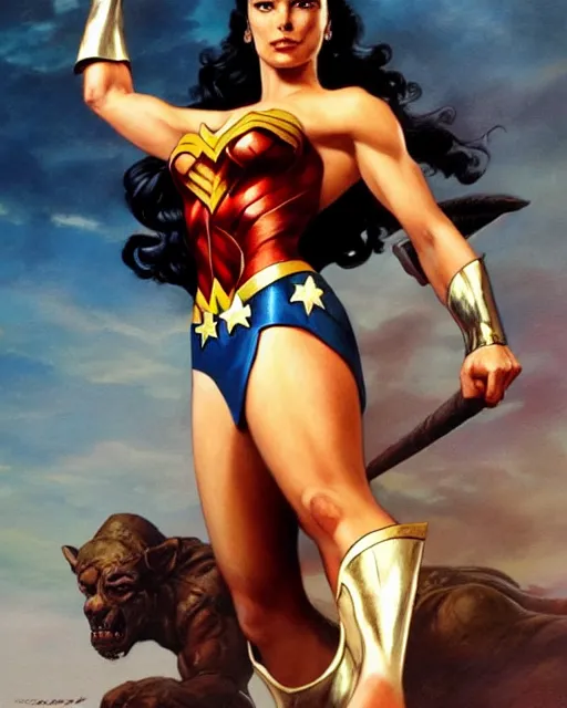 Image similar to a stunning portrait of wonder woman, fantasy art by Frank Frazetta and Boris Vallejo, highly detailed, trending on artstationhq