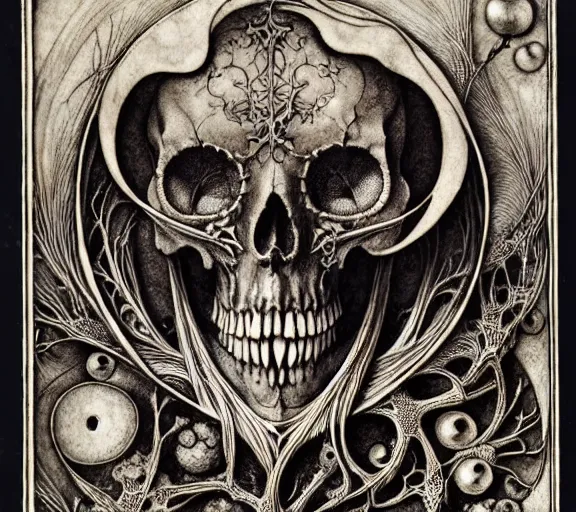 Image similar to memento mori by arthur rackham, art forms of nature by ernst haeckel, exquisitely detailed, art nouveau, gothic, ornately carved beautiful skull dominant, intricately carved antique bone, art nouveau botanicals, ornamental bone carvings, art forms of nature by ernst haeckel, horizontal symmetry, arthur rackham, ernst haeckel, symbolist, visionary