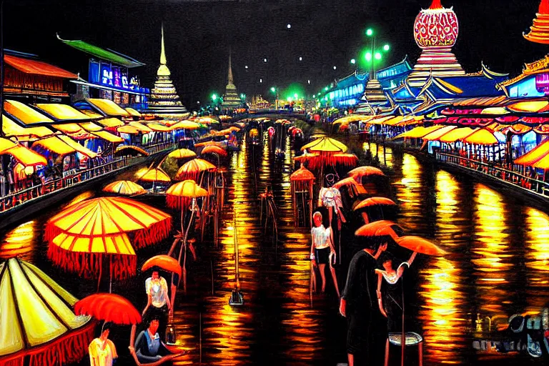 Image similar to detailed painting of Thai river night market, Bangkok, gothic style, deep strokes, high quality