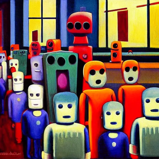 Image similar to robots queue up for cupcakes, grant wood, pj crook, edward hopper, oil on canvas