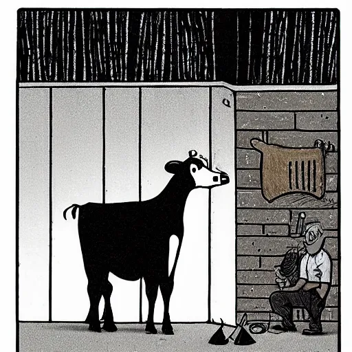 Image similar to a cow points at a bucket, illustrated by gary larson, far side comic, b & w