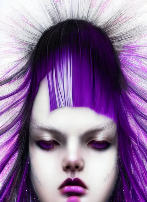 Image similar to hair whitebangs hair, black cyberlox, portrait of teenage girl with white bangs, whitebangsblackhair, messy bangs, cyberlox, whitebangs, red irises, purple clothes, intricate, elegant, glowing lights, highly detailed, digital painting, artstation, concept art, sharp focus, illustration, art by wlop, mars ravelo and greg rutkowski