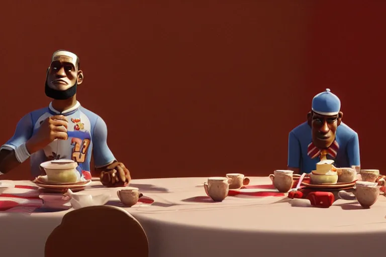 Image similar to lebron james solemn at tea party, melancholy, still from a pixar movie, high quality 3 d render, movie, pixar, renderman, 4 k, artstation