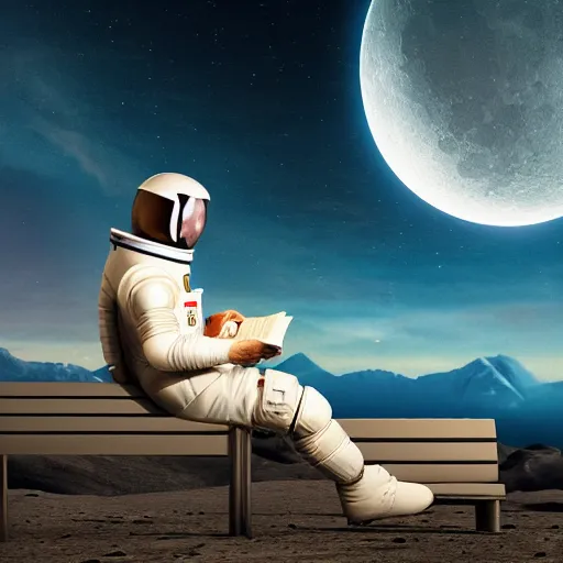 Prompt: astronaut on the Moon sitting on a bench reading a book, Planet Earth visible over the horizon, rim lighting, cinematic lighting, photo realistic image, 4K, super detailed, cinematic look, H 1024