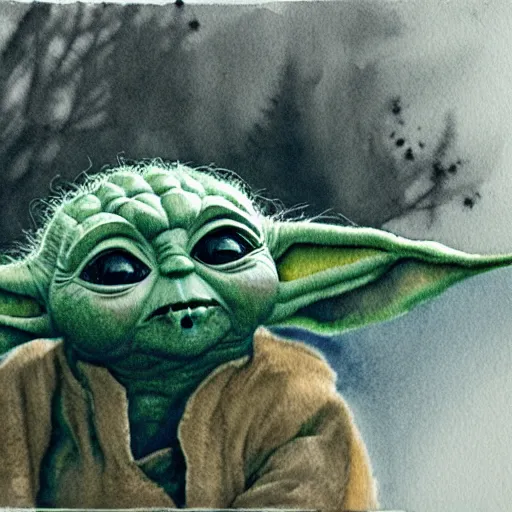 Image similar to view from above, medium - shot, baby yoda on a well lit path in a dimly lit forest, dramatic cloudy setting sun, watercolor and ink, muted color. minimalist, detailed ue 5