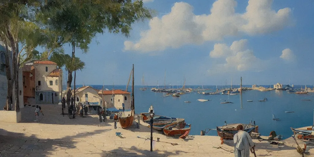 Image similar to a beautiful extremely complex painting of a mediterranean fishing village in summer by peter ilsted, whitewashed housed, tall cypress trees, blue shutters on windows, people walking down a street, fishing boats in the water, beautiful blue water, trending and featured on artstation and behance