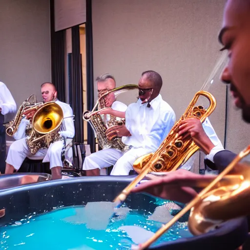 Prompt: 4k candid photo of a jazz band in a jacuzzi