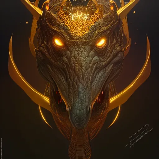 Image similar to dinosaur overlord, sci fi, glowing eyes, volumetric lights, gold theme, art nouveau botanicals, intricate, highly detailed, digital painting, artstation, concept art, smooth, sharp focus, cinematic, illustration, beautiful face, art by artgerm and greg rutkowski and alphonse mucha