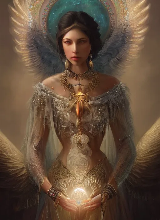 Image similar to A beautiful digital painting of a female Seraphim full of jewels, princess, the moon behind her, intricate, cinematic lighting, highly detailed, digital painting, Artstation, concept art, smooth, sharp focus, illustration, art by Tom Bagshaw, Artgerm and Greg Rutkowski