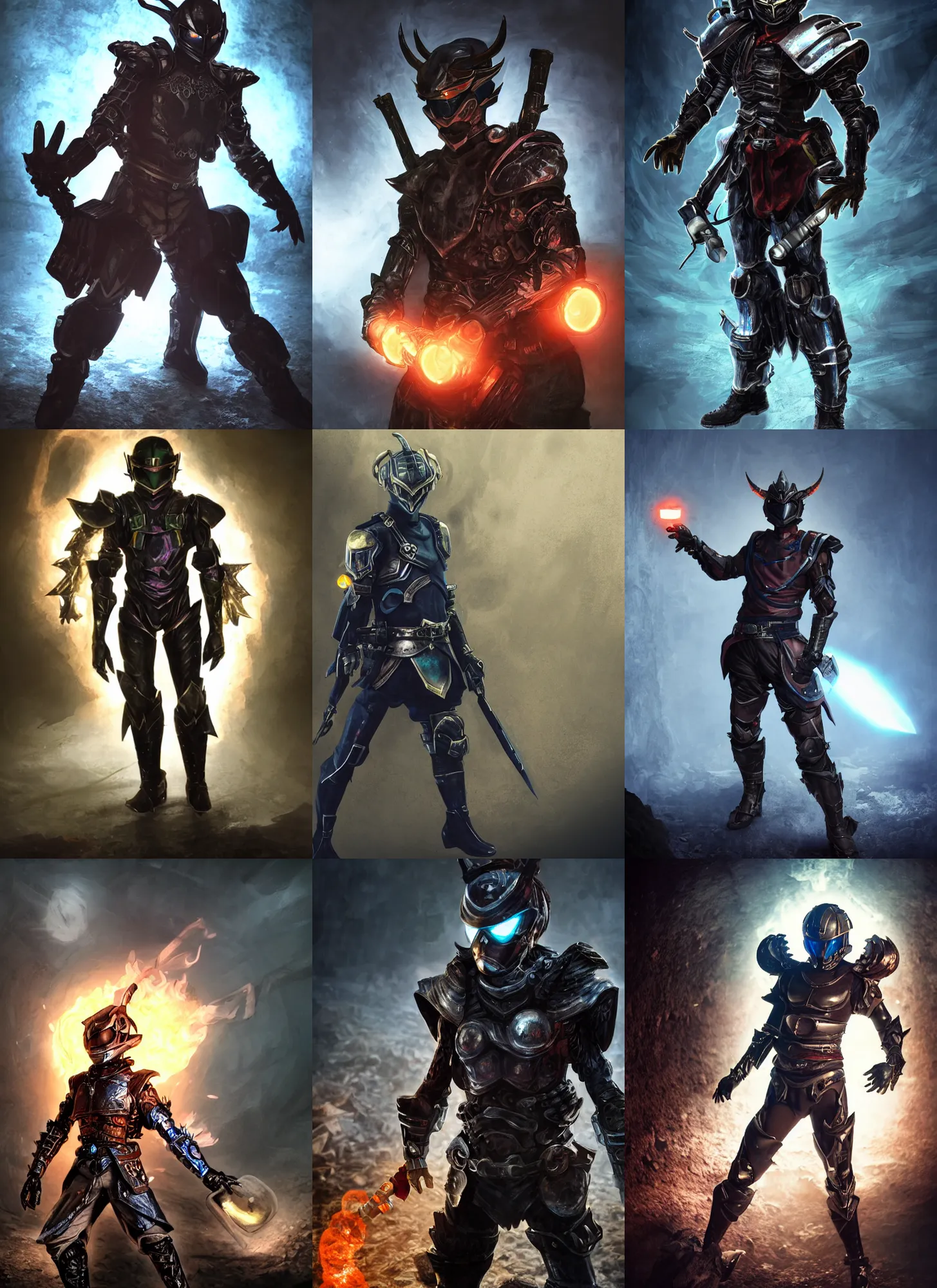 Prompt: character portrait of a high fantasy kamen rider gunslinger standing in an abandoned coal mine doing a henshin pose, glowing eyes in helmet, glowing eyes, demon and dragon inspired armor, broken pipes, muted colors, tense atmosphere, good value control, matte painting, sharp focus, 8 k, rubber suit, pvc armor, dramatic lighting, frank frazetta