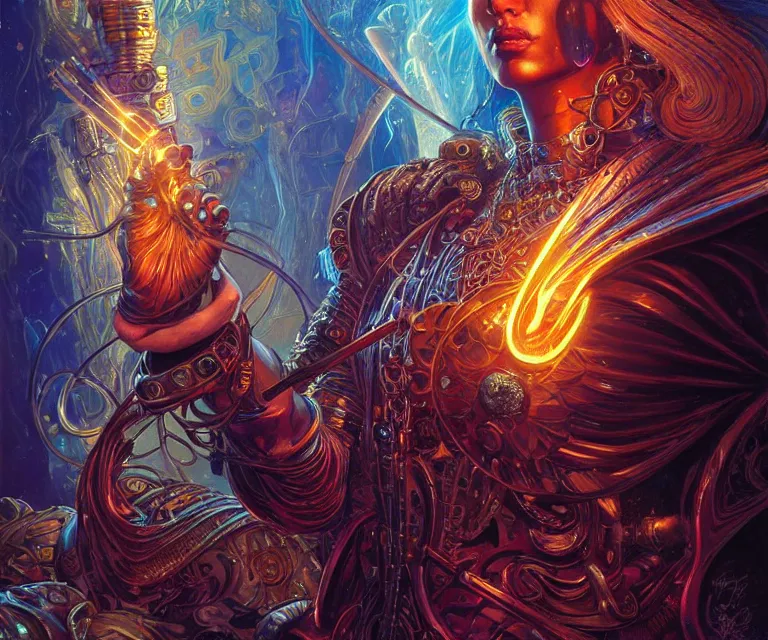 Prompt: a beautiful tarot card artwork of a cyberpunk crystal paladin, backlit, dazzling, highly detailed, digital painting, by karol bak and justin gerard and dan mumford and artgerm, vivid colors, masterpiece, detailed shading, 8 k resolution, intricate, smooth