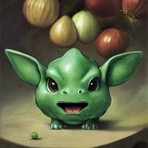 Prompt: onion bulbasaur portrait, baroque painting, elated gaunt onion head