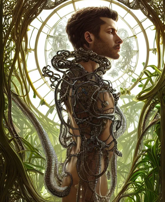 Prompt: intricate ornate opulent transparent clear see - through portrait of a horrific beautiful male human wolf snake, adorable, childlike, overgrown biopunk jungle environment, ultra realistic, concept art, art nouveau, photorealistic, octane render, 8 k, unreal engine. art by christopher marley and artgerm and greg rutkowski and alphonse mucha