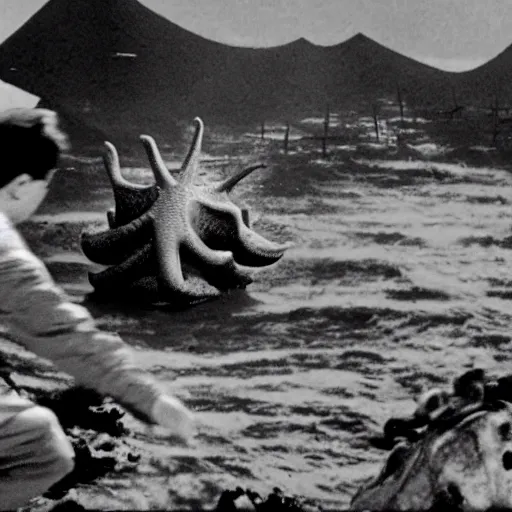 Image similar to a couple escaping from a giant Kaiju Starfish Monster over a traditional Korean village, minimal cinematography by Akira Kurosawa, movie filmstill, film noir, thriller by Kim Jong-il and Shin Sang-ok