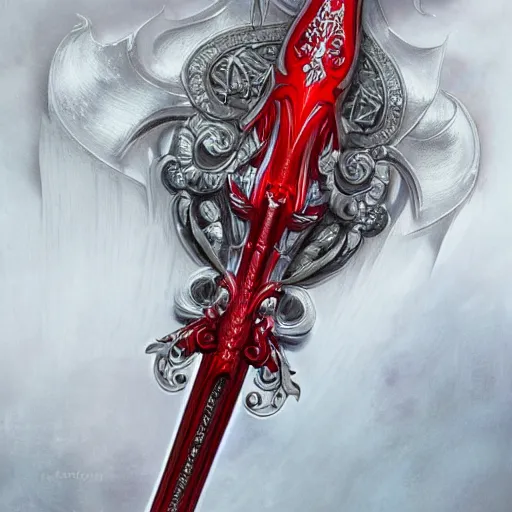 Image similar to red fantasy sword, intricate, elegant, highly detailed, digital painting, 4k, HDR, concept art, detailed jewelry, smooth, sharp focus, illustration, art by Artgerm, H R Giger and Alphonse Mucha