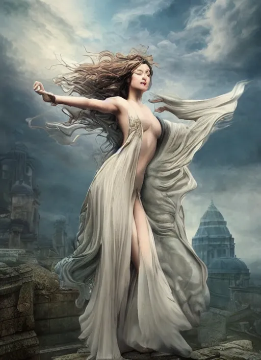 Image similar to a beautiful sorceress floating on air with elegant looks, flowing robe, ornate and flowing, intricate and soft by miho hirano, ruan jia, tom bagshaw,, wlop, beautiful roman architectural ruins in the background, epic sky, half body shot, vray render, artstation, deviantart, pinterest, 5 0 0 px models