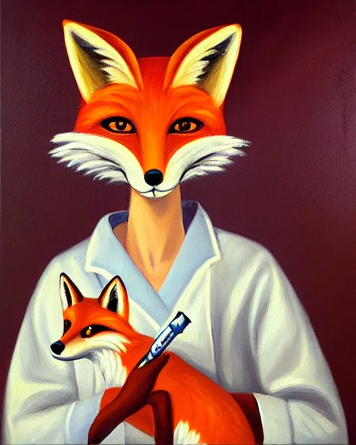 Image similar to oil painting portrait of anthropomorphic female fox animal dressed in labcoat, surgical mask covering mouth, holding syringe, fox animal, hospital in background, oil painting,