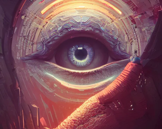 Image similar to portrait of mystic giant eye, intricate abstract. intricate artwork, by tooth wu, wlop, beeple, dan mumford. concept art, octane render, trending on artstation, greg rutkowski very coherent symmetrical artwork. cinematic, key art, hyper realism, high detail, 8 k, iridescent accents