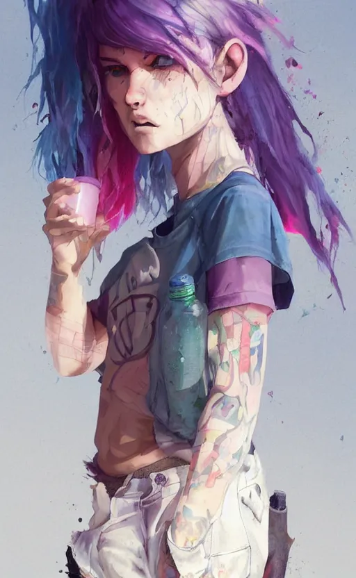 Prompt: a grungy woman with rainbow hair, drunk, holding bottle, soft eyes and narrow chin, dainty figure, long hair straight down, torn kawaii shirt and baggy jeans, basic white background, In style of by Jordan Grimmer and greg rutkowski, crisp lines and color,