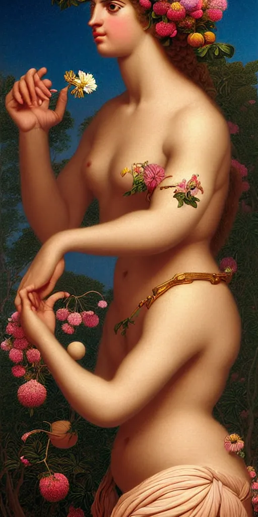 Prompt: portrait of the goddess of tennis, unusual beauty, flowers and plants, emotionally evoking symbolic metaphors, head in focus, fantasy, ornamental, intricate, elegant, sensual, highly detailed digital painting, artstation, concept art, painterly, golden ratio, sharp focus, illustration, art by John William Godward and Boris Vallejo and Zdzisław Beksiński,