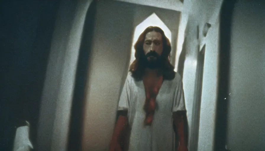 Image similar to 7 0 s film still from a horror movie starring jesus, kodachrome, cinecolor, cinestill, film grain, film texture, retro, cinematic, high resolution, photorealism,