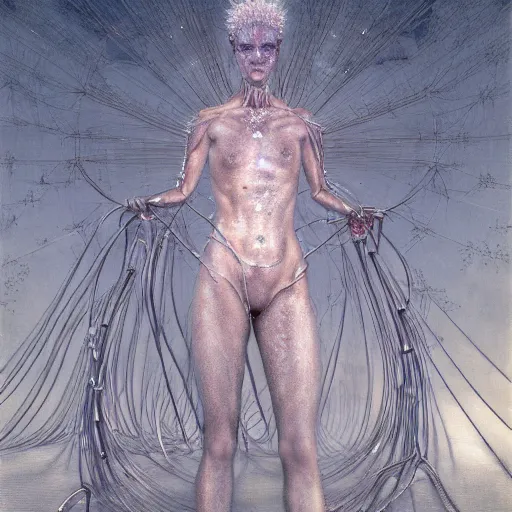 Image similar to Woman, spiky ice crystals on skin, 150mm, shiny, flat background, glowing, wires everywhere, by Edgar Maxence and Ross Tran, Zdzisław Beksiński, and Michael Whelan, distant, gustav dore, H.R. Giger, 8k, octane render