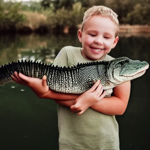 Prompt: A child happily hugging an alligator gar ,photography