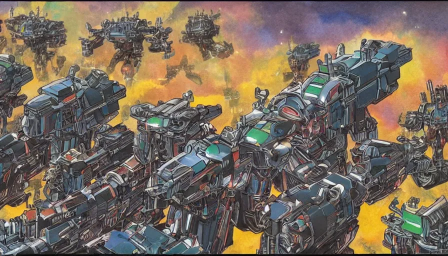 Prompt: inorganic battle robot army, art by frank hampson and shawn mcmanus, trending on artstation, vaporwave, photorealistic, watercolor painting, manga