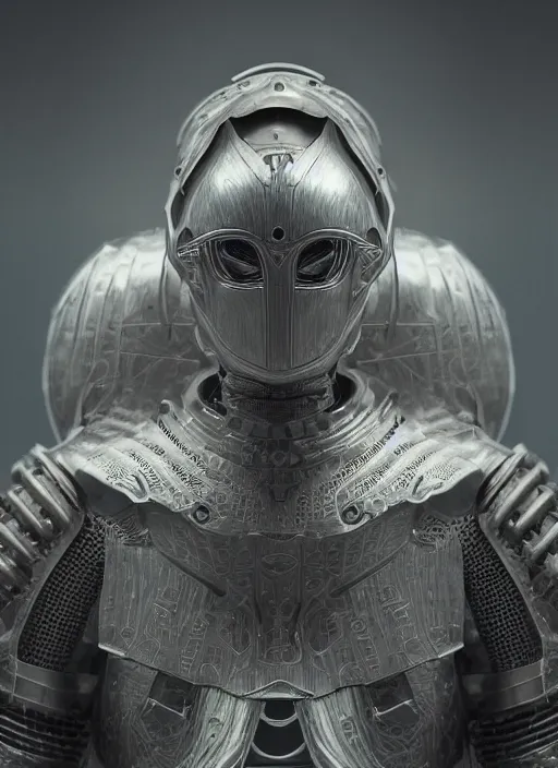 Prompt: 8 5 mm 1. 4 portrait of a futuristic silver armored knight cyborg, modern fine art, fractal, intricate, elegant, highly detailed, digital photography, subsurface scattering, by jheronimus bosch and greg rutkowski,