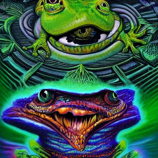 Image similar to dark fantasy, 4 k, textured 3 d, intense detail, psychedelic frog, amazing background, eyeball in center of hideous monster, alex grey style