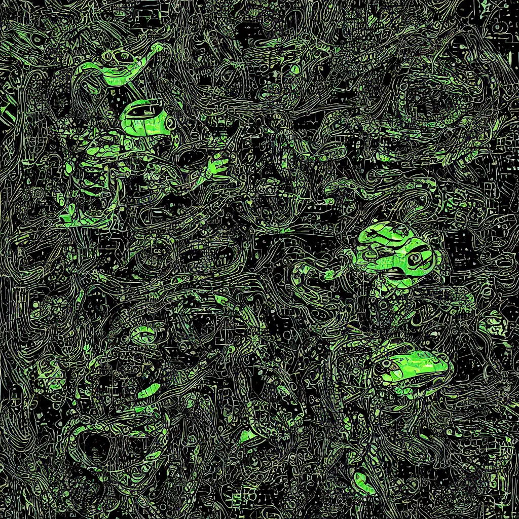 Image similar to toad head, breakcore, technical, abstract, circuit board, computers, venetian snares, vectors, gloom, dimensions, tears, high contrast, glitches, frogs, amphibians, geometry, data, datamosh, motherboard, minimal, code, cybernetic, album cover, dark, eerie, cyber