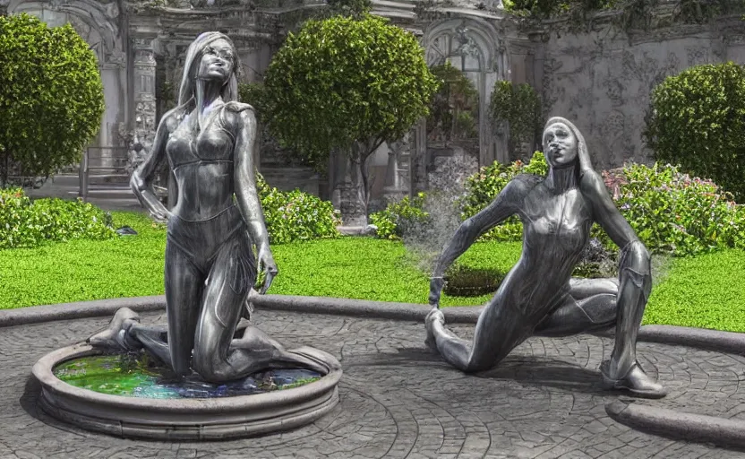 Prompt: The kneeling statue of a woman in a beautiful garden, next to a fountain and a mystical palace, hyperrealistic mixed media, stunning 3d render inspired art by P. Craig Russell and Barry Windsor-Smith + perfect facial symmetry + dim volumetric lighting, 8k octane beautifully detailed render, post-processing, extremely hyperdetailed, intricate futuristic mechanic parts, epic composition, grim yet sparkling atmosphere, cinematic lighting + masterpiece, trending on artstation