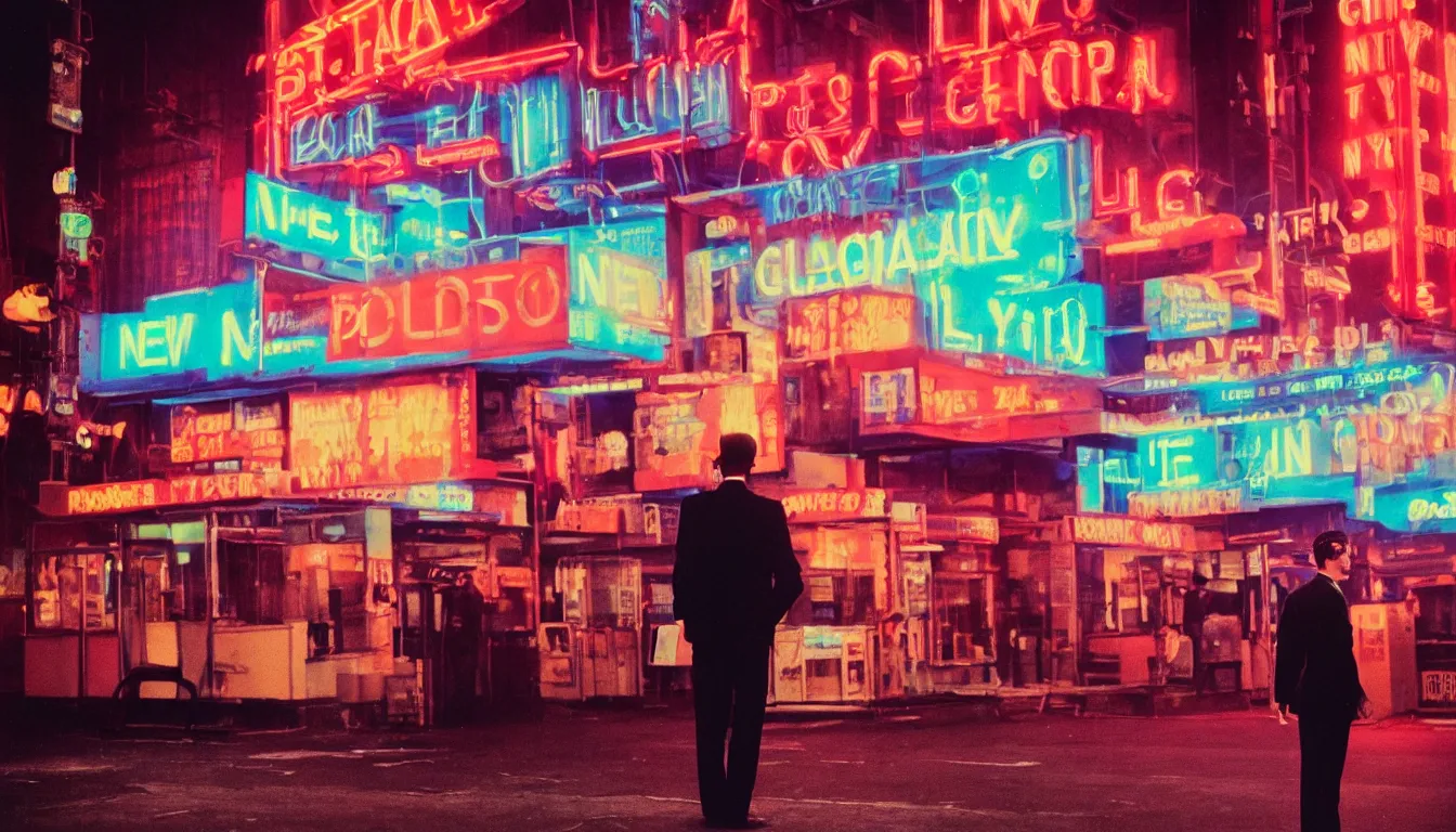 Prompt: 8 0 s polaroid photo, cinema still, tall man in suit smoking and watching new york panorama at night, neon signs, colorful haze, americana, high production value, 8 k resolution, hyperrealistic, photorealistic, high definition, high details, tehnicolor, award - winning photography, masterpiece, amazing colors