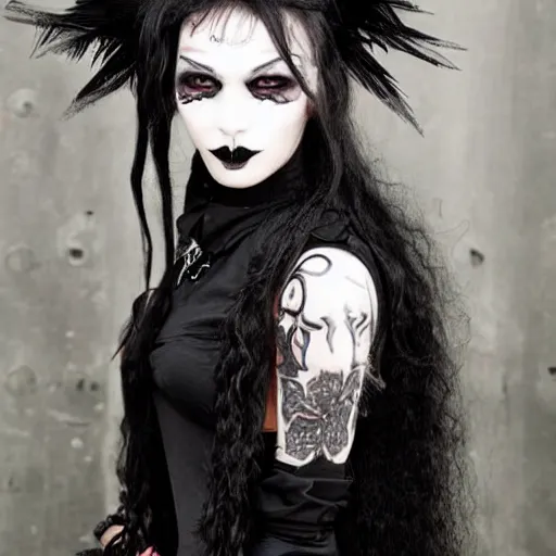 Image similar to a beautiful goth blasian woman with heterochromia and gothic clothing