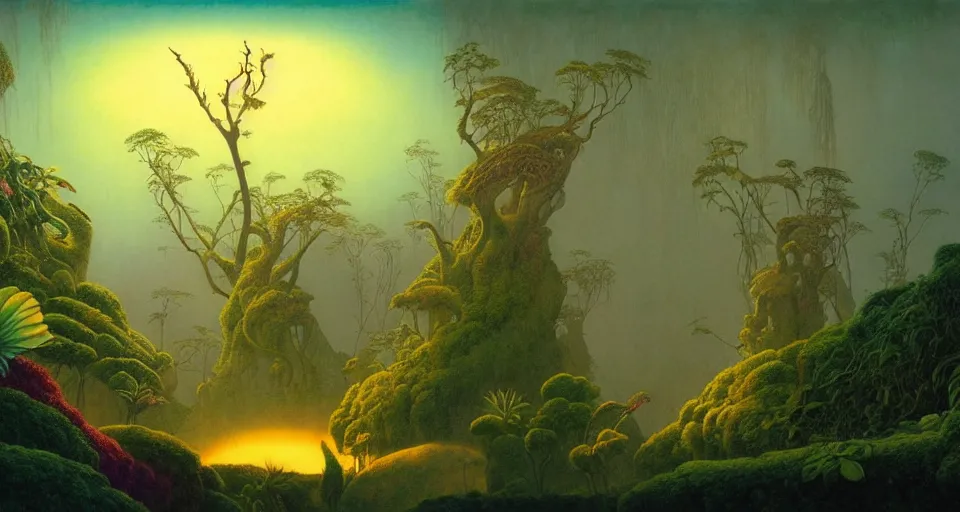 Image similar to beautiful rendering of exotic plants by daniel merriam and karol bak and martin johnson heade, xenoplanet by roger dean and moebius, at night, ( ( ( misty atmosphere ) ) ), ( soft light ), mantra rendering, matte painting, high detailed, 4 k, trending on artstation