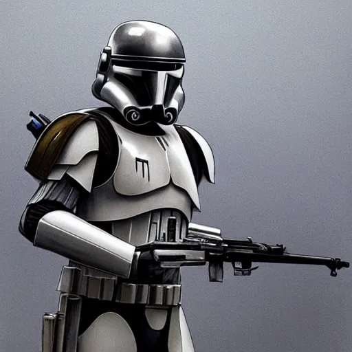 Image similar to an extremely long shot of an imperial stormtrooper in battle position ready to shoot his blaster concept art by Doug Chiang cinematic, realistic painting, high definition, very detailed, extremely high detail, photo realistic, concept art, the Mandalorian concept art style