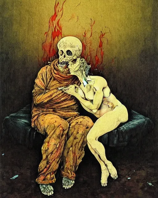 Image similar to an old dead couple sitting on an old couch in an old apartment watching the televison on fire,  Francisco Goya painting, part by Beksiński and EdvardMunch. art by Takato Yamamoto and Peter Mohrbacher, Francis Bacon masterpiece