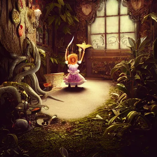 Image similar to alice in wonderland 3 d, mistic atmosphere, scarry, octane render, intricate, hyper detailed, morning light, well rendered