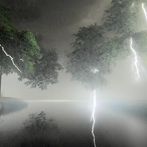 Image similar to a hyper realistic image of a river going between the trees and it is raining heavily and in the cloud you can see lightning 3 d