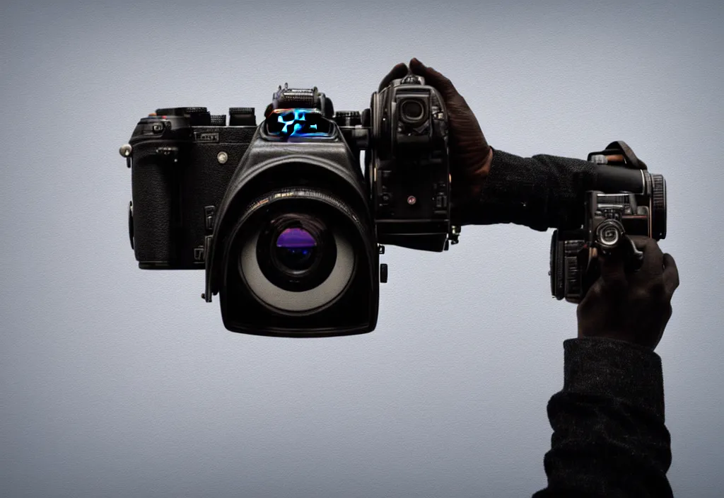 Image similar to first person view of a road coat sleeve arm hand grasping the back side rear angle viewfinder of a nikon dslr camera with mount fuji image in viewfinder, in the style of wes anderson, rene magritte, lola dupre, david hockney, isolated on white background, dark monochrome neon spraypaint accents octane render