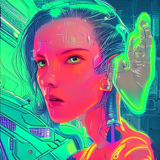 Prompt: portrait of a young mech girl with fluorescent cybernetic implants dripping in a world of neon dreams by james jean and kilian eng