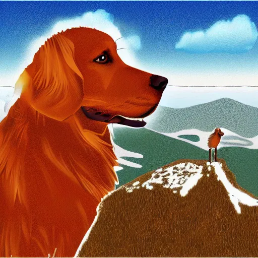 Image similar to a golden retriever standing on top of a mountain, microsoft paint art, unprofessional, mediocre