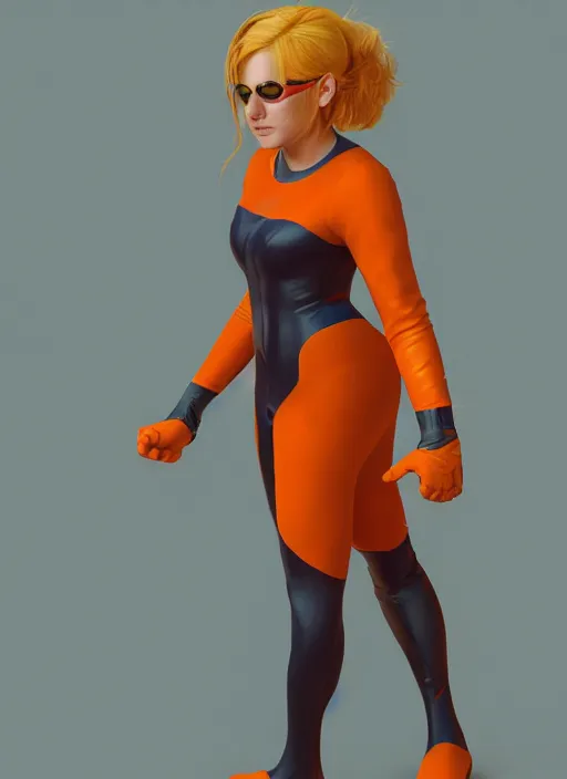 Image similar to teenage blonde girl wearing an orange superhero costume, au naturel, hyper detailed, digital art, trending in artstation, cinematic lighting, studio quality, smooth render, unreal engine 5 rendered, octane rendered, art style by klimt and nixeu and ian sprigger and wlop and krenz cushart