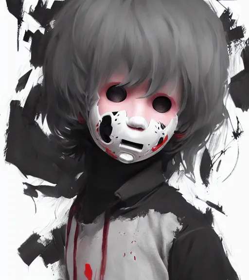 Image similar to beautiful little boy anime character inspired by jason voorhees, art by rossdraws, wlop, ilya kuvshinov, artgem lau, sakimichan and makoto shinkai, concept art, anatomically correct, extremely coherent, realistic, mask, smooth, hd, 8 0 s haircut