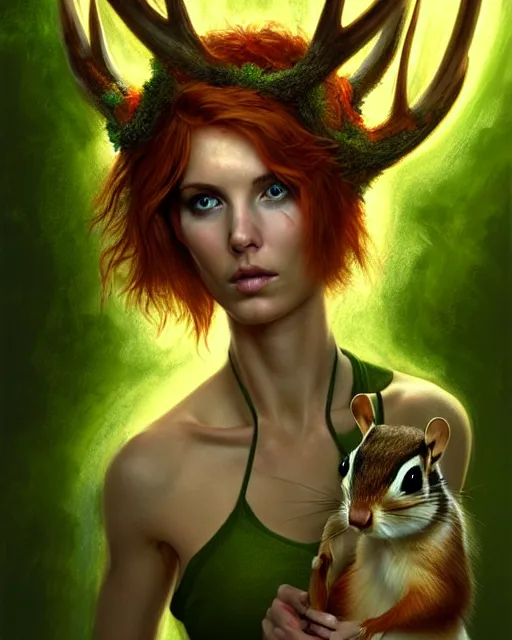 Prompt: female druid holding pet chipmunk, perfect face, thin antlers, green halter top, ginger hair, abs, cinematic, freckles, stunning, athletic, strong, agile, highly detailed, psychedelic, digital painting, artstation, smooth, hard focus, illustration, art by jessica rossier and and brian froud