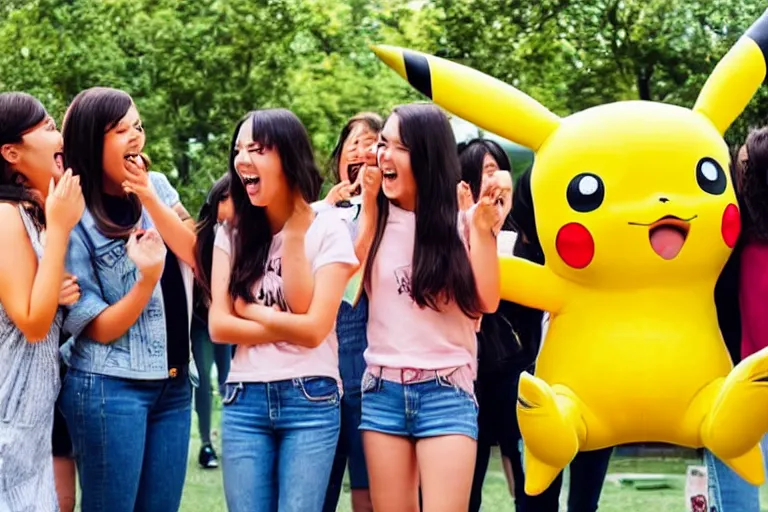 Prompt: a group of young woman are crowded around a life size pikachu and they looking directly it and they are laughing at it