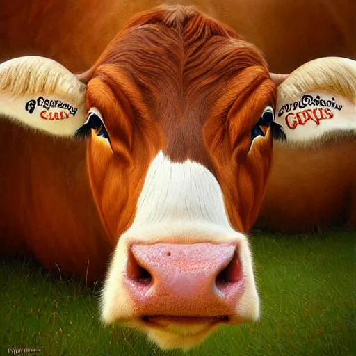 Image similar to digital painting of a guernsey cow by filipe pagliuso and justin gerard, symmetric, fantasy, highly, detailed, realistic, intricate