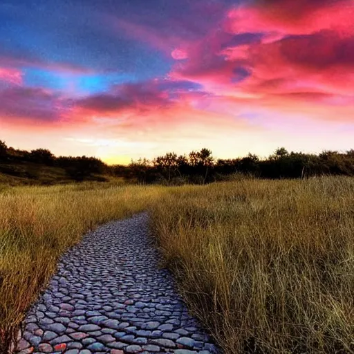 Prompt: beautiful digital art of a trail of altocumulus clouds across the sky, beautiful, award - winning, digital art, sunset colors, antview, line trail, perspective, only sky in sight